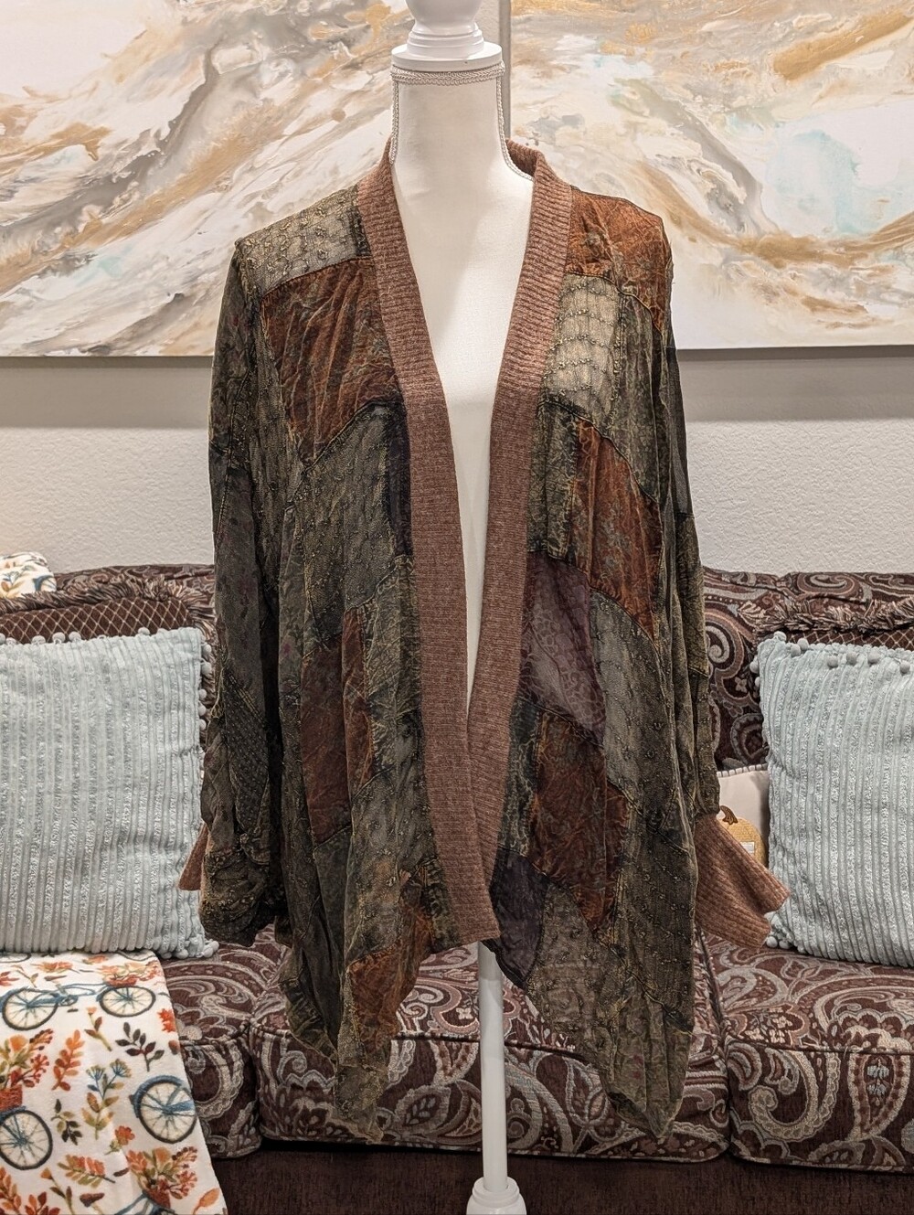 Boho Patchwork Open Front Cardigan Jacket - Brown & Olive